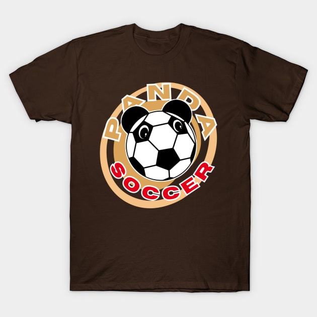 Panda soccer head of a cute panda in the shape of a soccer ball on the background of an orange circle for sports lovers orange and red letters with white borders T-Shirt by PopArtyParty